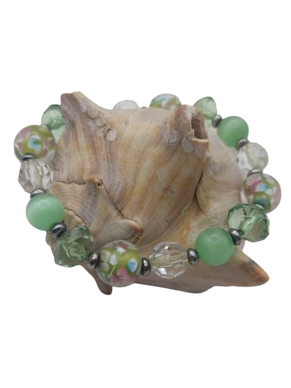 Floral Lampwork Glass Green & White Faceted Beaded Stretch Bracelet Spring